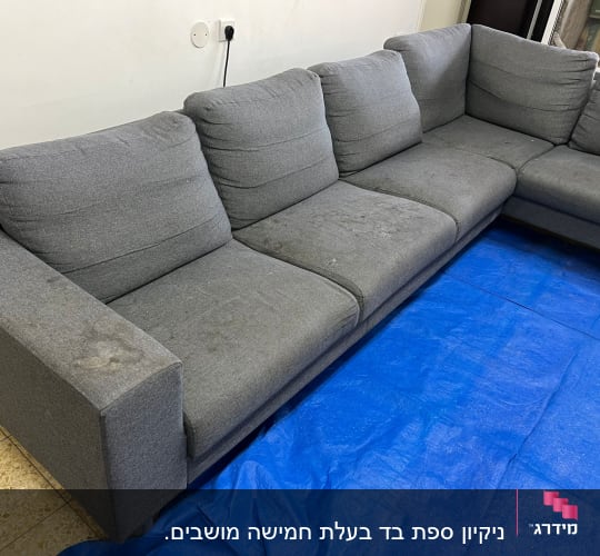 ספה אפורה עם כתמים על יריעת פלסטיק כחולה